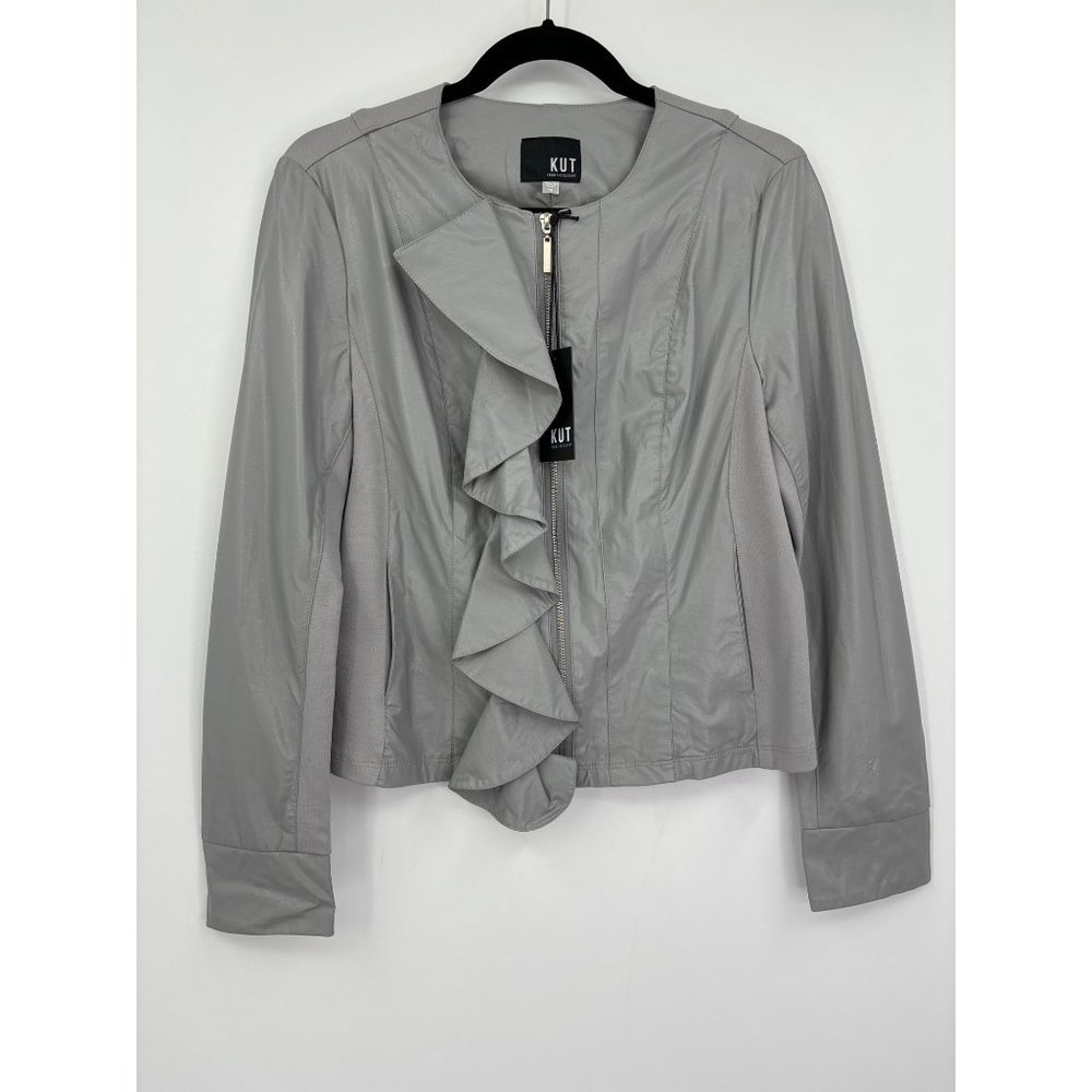Kut From The Kloth Dahliana Moto Jacket Gray Ruffle Faux Leather Medium NEW